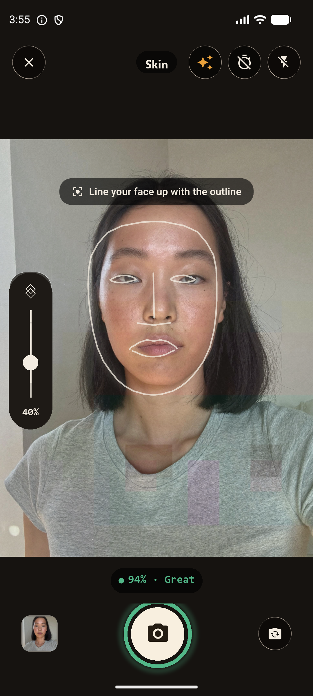 SameShot camera screen with ghost overlay and opacity control