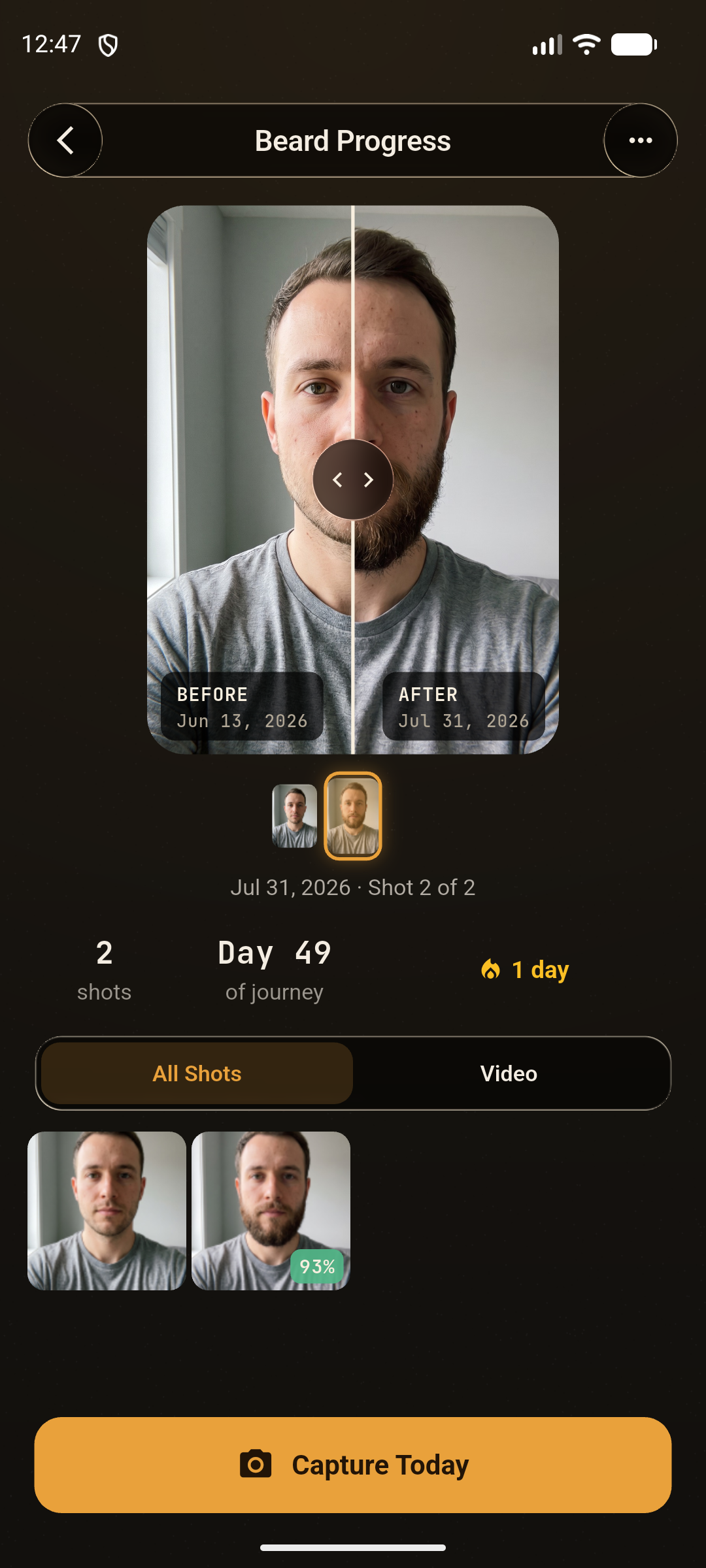 SameShot before and after slider showing daily selfie beard progress, same angle both days