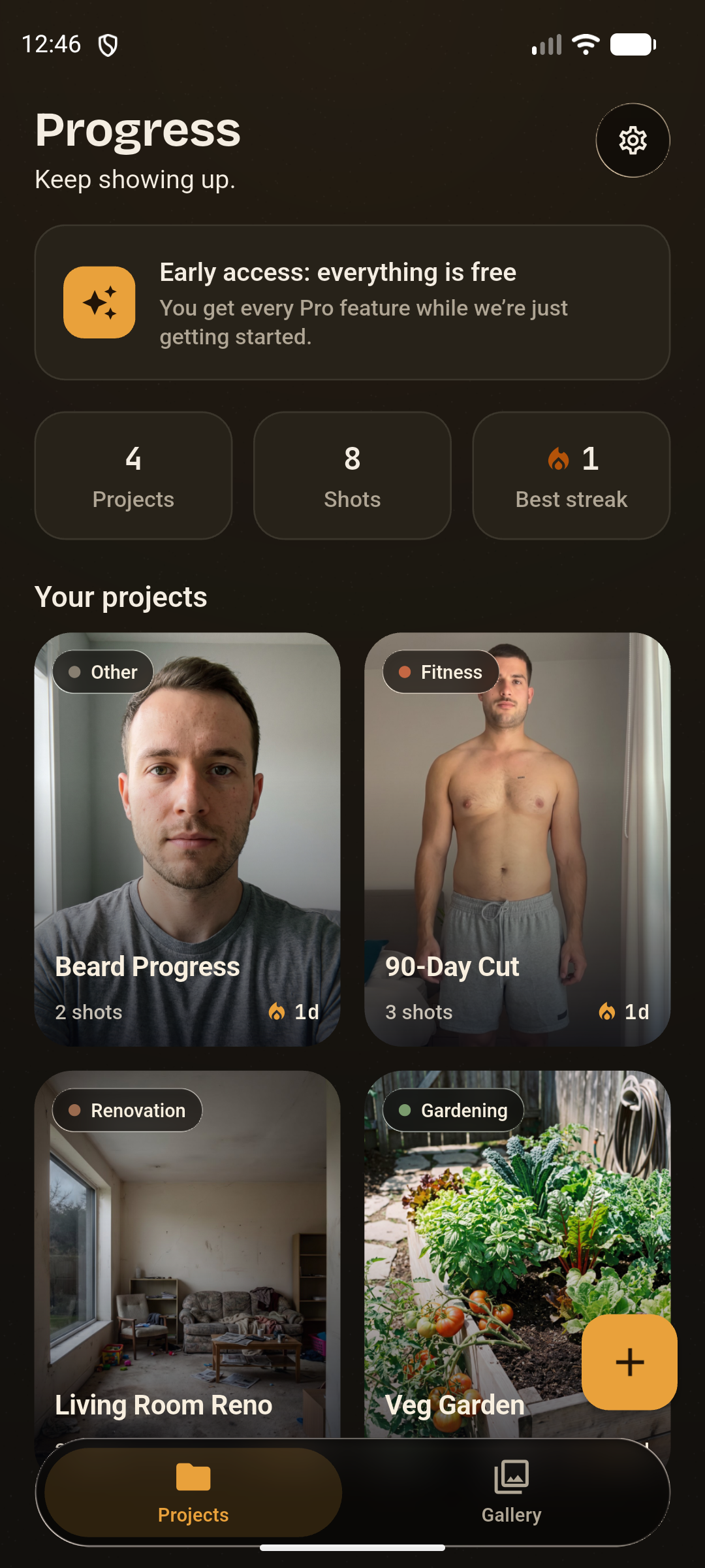 SameShot projects screen with progress photo projects and streaks